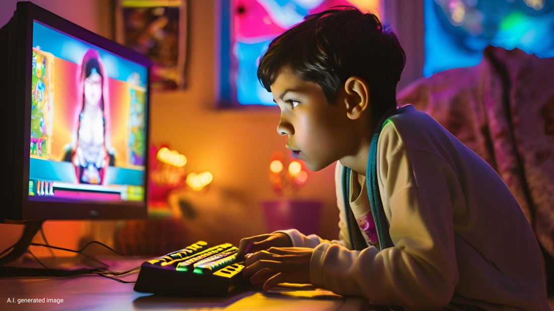 A child in front of a computer, playing a video game.
