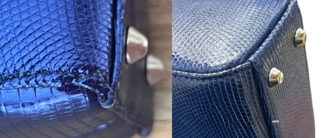 2 sacs à mains bleus comparés, un de contrefaçon et un authentique